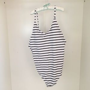 Navy blue and white striped swimsuit